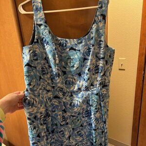 Luxe by Carmen Marc Valvo Blue Floral Sleeveless Pleated Cocktail Dress …